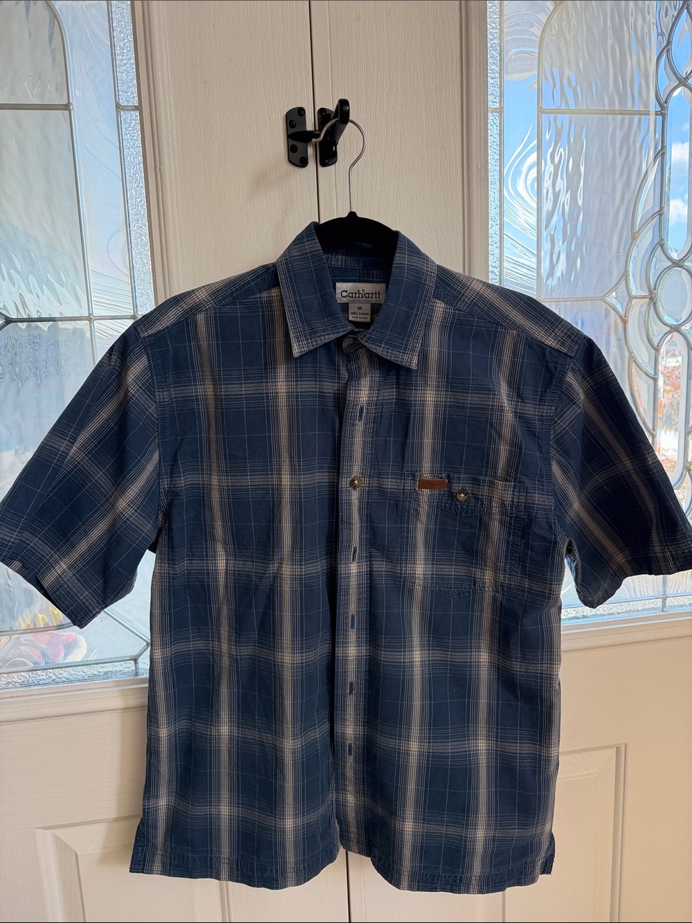 Carhartt Men’s Short-Sleeve Blue Plaid Button-Up Shirt Size M